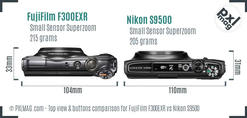 FujiFilm F300EXR vs Nikon S9500 top view buttons comparison