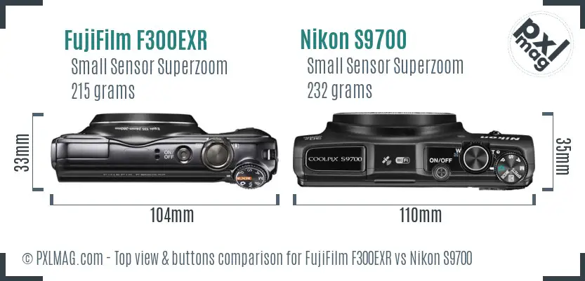 FujiFilm F300EXR vs Nikon S9700 top view buttons comparison