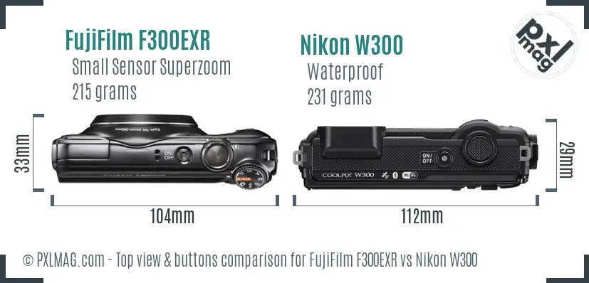 FujiFilm F300EXR vs Nikon W300 top view buttons comparison