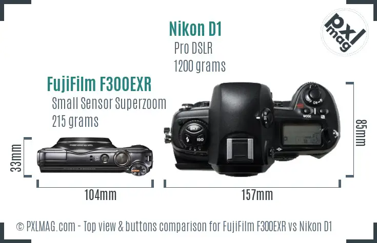 FujiFilm F300EXR vs Nikon D1 top view buttons comparison