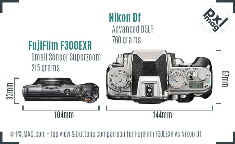 FujiFilm F300EXR vs Nikon Df top view buttons comparison