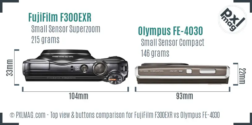 FujiFilm F300EXR vs Olympus FE-4030 top view buttons comparison