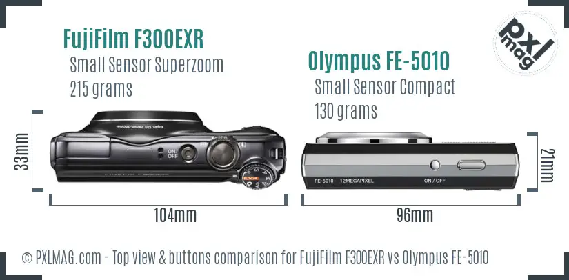 FujiFilm F300EXR vs Olympus FE-5010 top view buttons comparison