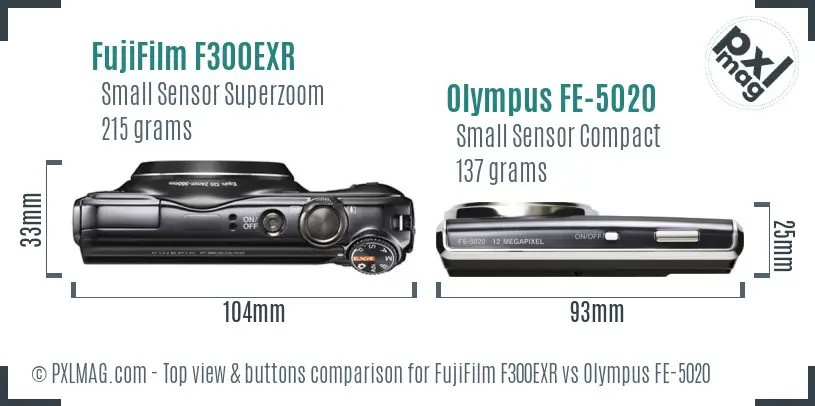FujiFilm F300EXR vs Olympus FE-5020 top view buttons comparison