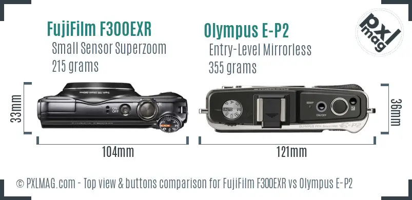 FujiFilm F300EXR vs Olympus E-P2 top view buttons comparison