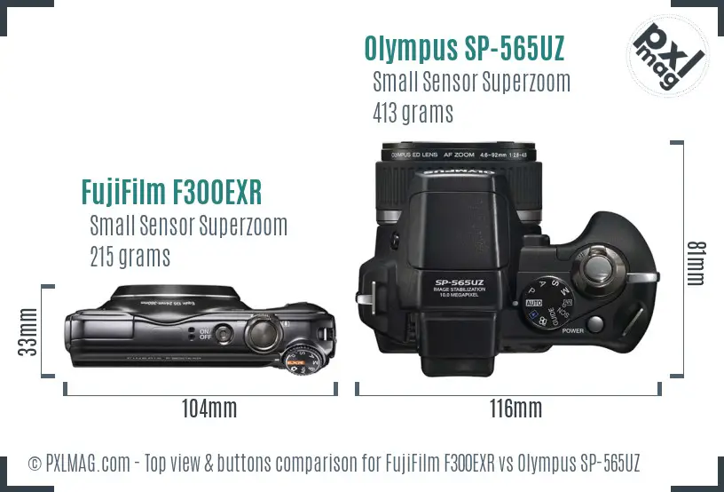 FujiFilm F300EXR vs Olympus SP-565UZ top view buttons comparison FujiFilm F300EXR vs Olympus SP-565UZ top view buttons comparison