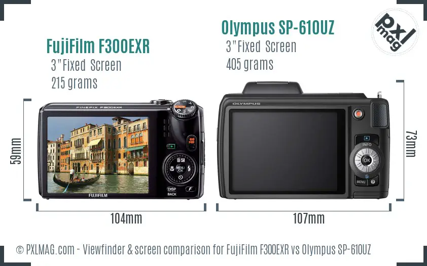 FujiFilm F300EXR vs Olympus SP-610UZ Screen and Viewfinder comparison
