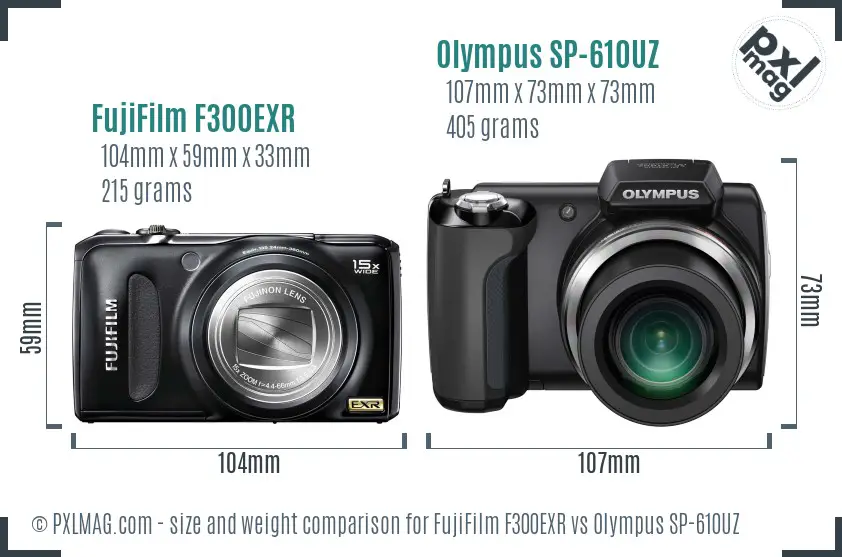 FujiFilm F300EXR vs Olympus SP-610UZ size comparison