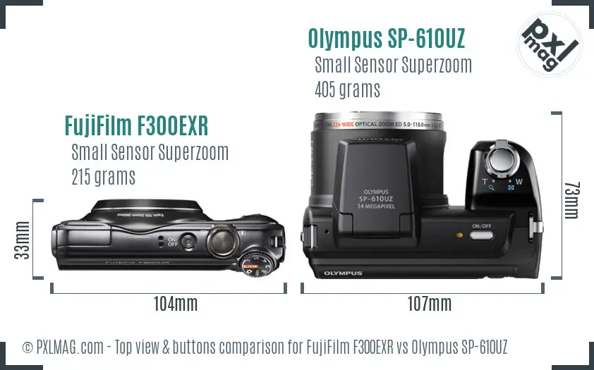 FujiFilm F300EXR vs Olympus SP-610UZ top view buttons comparison