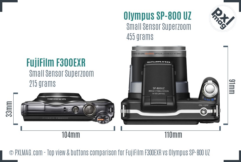 FujiFilm F300EXR vs Olympus SP-800 UZ top view buttons comparison