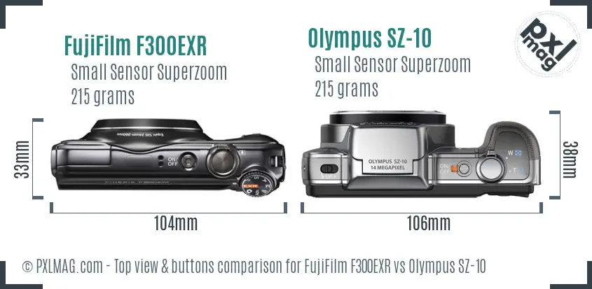 FujiFilm F300EXR vs Olympus SZ-10 top view buttons comparison