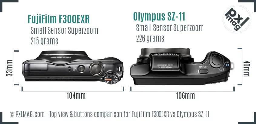 FujiFilm F300EXR vs Olympus SZ-11 top view buttons comparison