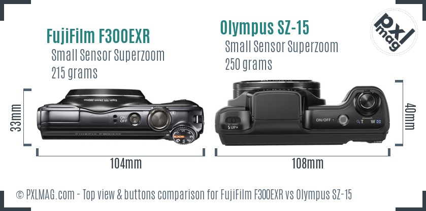 FujiFilm F300EXR vs Olympus SZ-15 top view buttons comparison