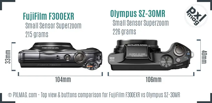 FujiFilm F300EXR vs Olympus SZ-30MR top view buttons comparison