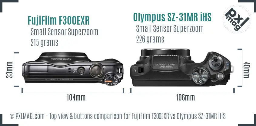 FujiFilm F300EXR vs Olympus SZ-31MR iHS top view buttons comparison