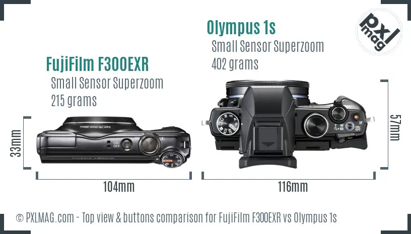 FujiFilm F300EXR vs Olympus 1s top view buttons comparison