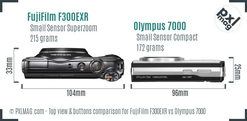 FujiFilm F300EXR vs Olympus 7000 top view buttons comparison