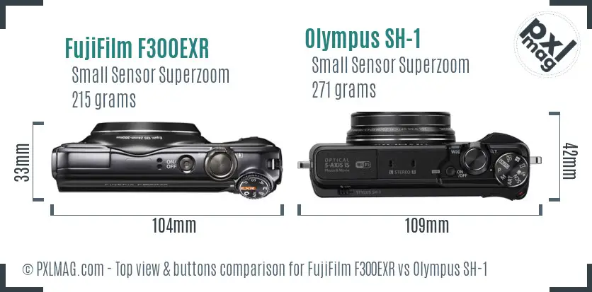 FujiFilm F300EXR vs Olympus SH-1 top view buttons comparison