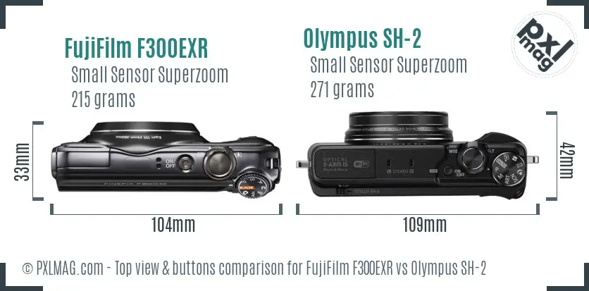 FujiFilm F300EXR vs Olympus SH-2 top view buttons comparison FujiFilm F300EXR vs Olympus SH-2 top view buttons comparison