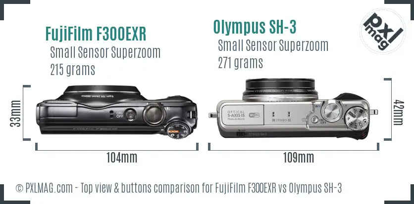 FujiFilm F300EXR vs Olympus SH-3 top view buttons comparison FujiFilm F300EXR vs Olympus SH-3 top view buttons comparison