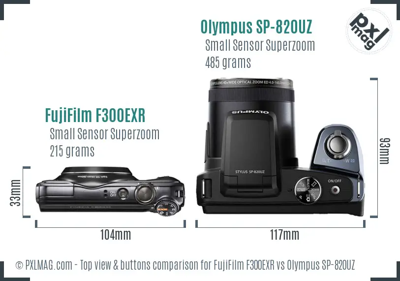 FujiFilm F300EXR vs Olympus SP-820UZ top view buttons comparison FujiFilm F300EXR vs Olympus SP-820UZ top view buttons comparison
