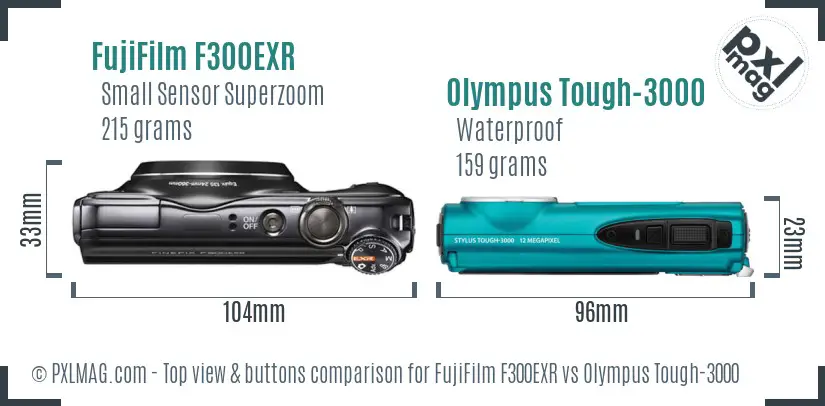 FujiFilm F300EXR vs Olympus Tough-3000 top view buttons comparison