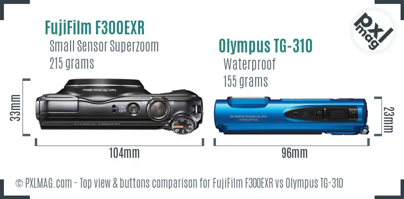 FujiFilm F300EXR vs Olympus TG-310 top view buttons comparison FujiFilm F300EXR vs Olympus TG-310 top view buttons comparison