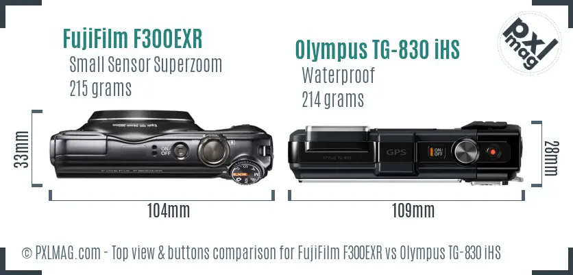 FujiFilm F300EXR vs Olympus TG-830 iHS top view buttons comparison