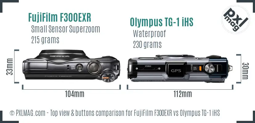 FujiFilm F300EXR vs Olympus TG-1 iHS top view buttons comparison