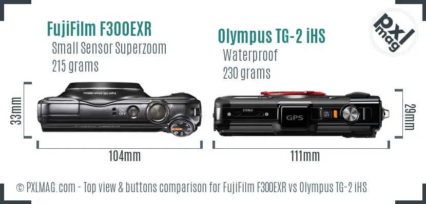 FujiFilm F300EXR vs Olympus TG-2 iHS top view buttons comparison FujiFilm F300EXR vs Olympus TG-2 iHS top view buttons comparison