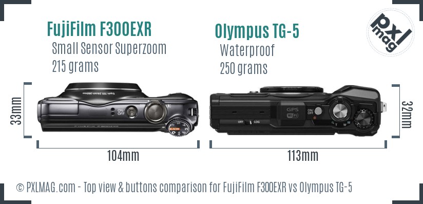 FujiFilm F300EXR vs Olympus TG-5 top view buttons comparison