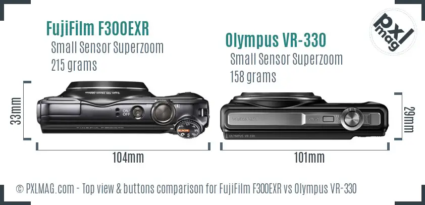 FujiFilm F300EXR vs Olympus VR-330 top view buttons comparison