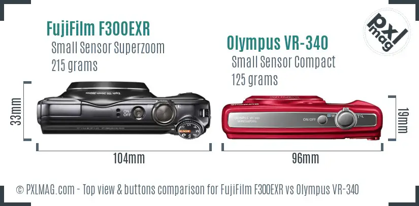 FujiFilm F300EXR vs Olympus VR-340 top view buttons comparison