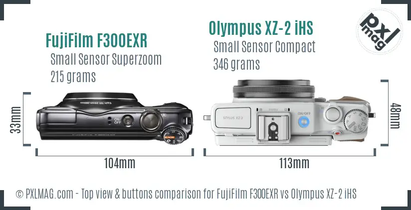 FujiFilm F300EXR vs Olympus XZ-2 iHS top view buttons comparison