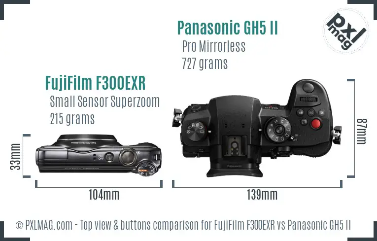 FujiFilm F300EXR vs Panasonic GH5 II top view buttons comparison