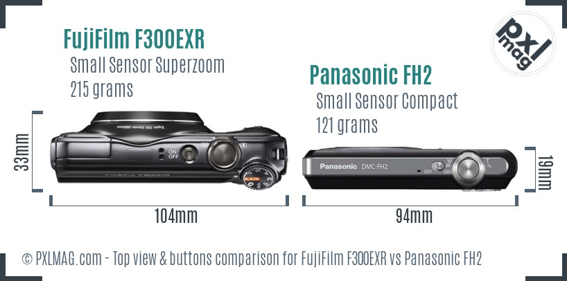 FujiFilm F300EXR vs Panasonic FH2 top view buttons comparison
