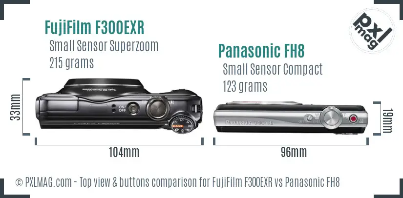 FujiFilm F300EXR vs Panasonic FH8 top view buttons comparison FujiFilm F300EXR vs Panasonic FH8 top view buttons comparison