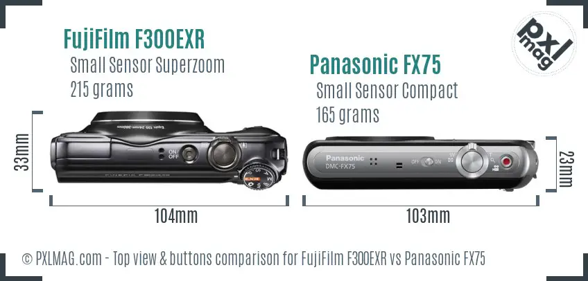 FujiFilm F300EXR vs Panasonic FX75 top view buttons comparison