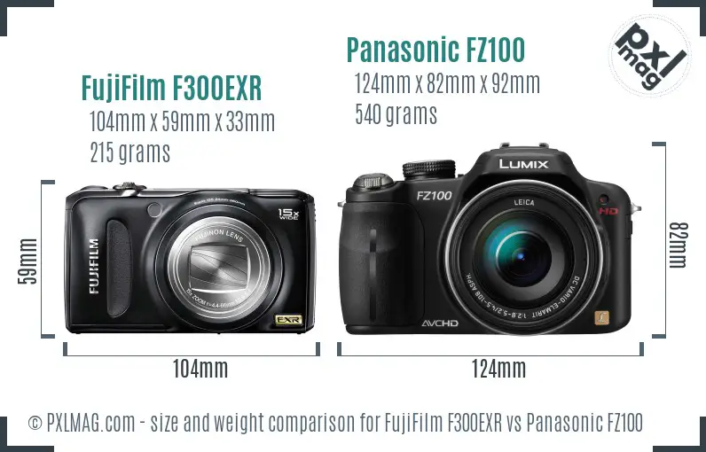 FujiFilm F300EXR vs Panasonic FZ100 size comparison