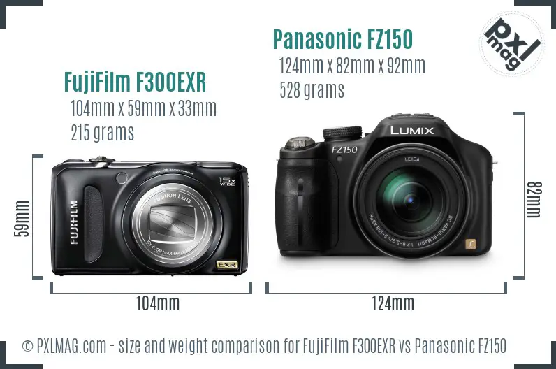 FujiFilm F300EXR vs Panasonic FZ150 size comparison