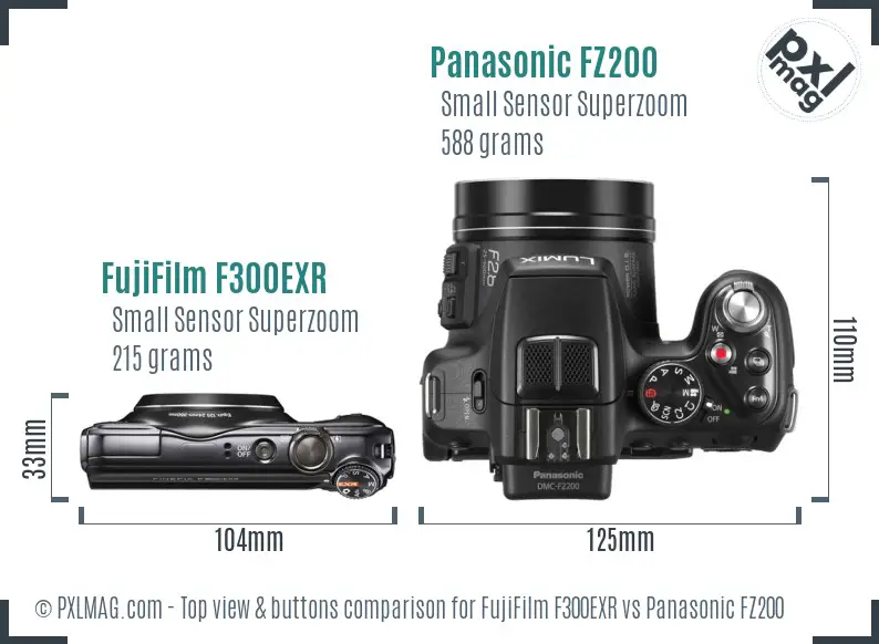 FujiFilm F300EXR vs Panasonic FZ200 top view buttons comparison