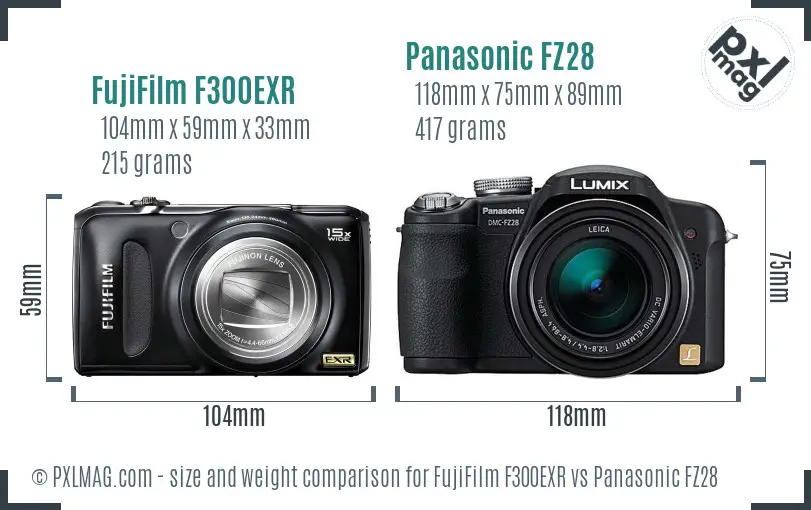 FujiFilm F300EXR vs Panasonic FZ28 size comparison
