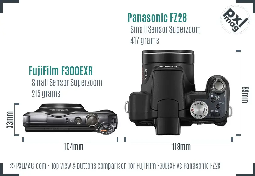 FujiFilm F300EXR vs Panasonic FZ28 top view buttons comparison