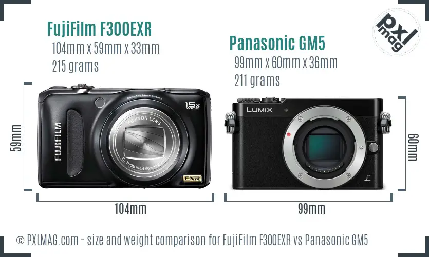 FujiFilm F300EXR vs Panasonic GM5 size comparison