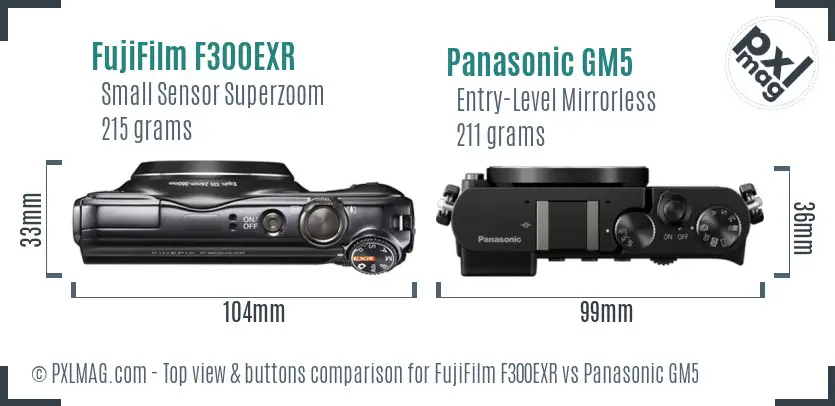 FujiFilm F300EXR vs Panasonic GM5 top view buttons comparison