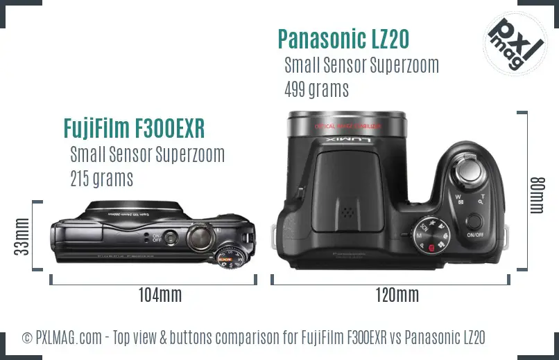 FujiFilm F300EXR vs Panasonic LZ20 top view buttons comparison