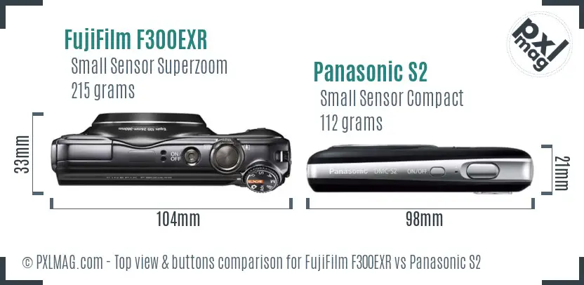 FujiFilm F300EXR vs Panasonic S2 top view buttons comparison FujiFilm F300EXR vs Panasonic S2 top view buttons comparison