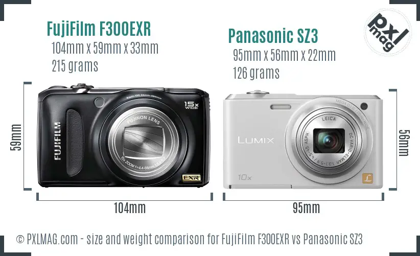 FujiFilm F300EXR vs Panasonic SZ3 size comparison