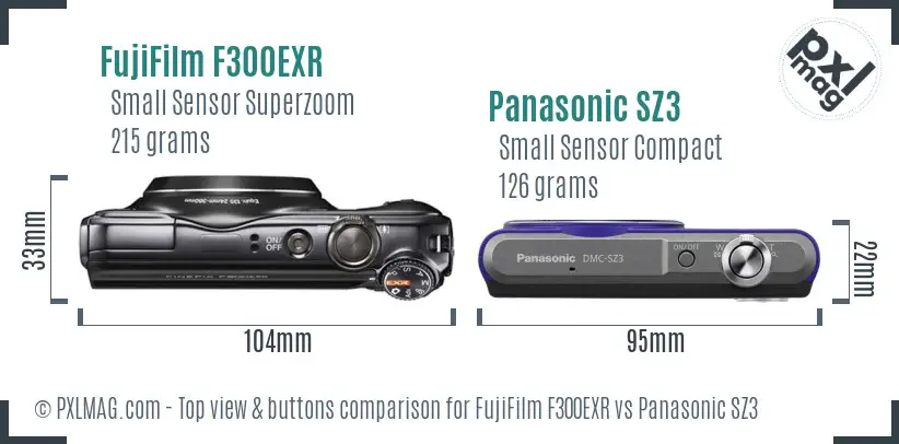 FujiFilm F300EXR vs Panasonic SZ3 top view buttons comparison