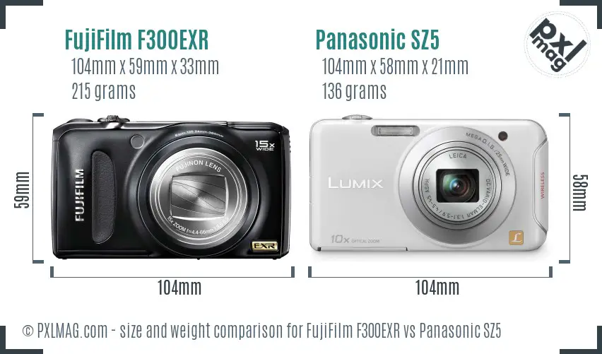 FujiFilm F300EXR vs Panasonic SZ5 size comparison